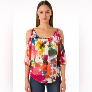 Boston Proper Blouse Women's Size Small Cold Shoulder Floral lightweight Pink